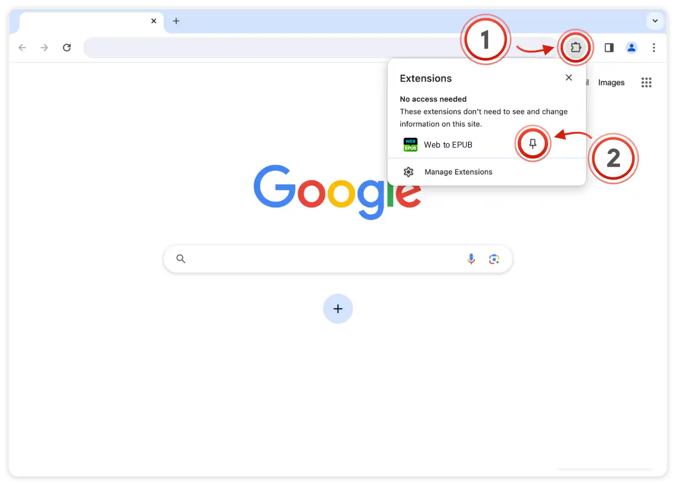 Chrome extensions menu showing the puzzle piece and the pin next to Web to EPUB